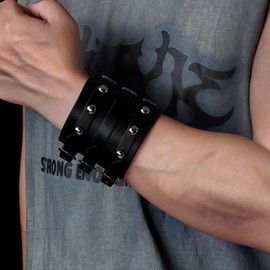 Eigso Pack of 2 PU Leather Punk Gothic Wide Bracelet with Clasp for Men and Women Adjustable, Leather, No gemstone