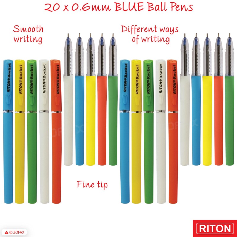 RITON Rocket 20 x 0.6mm Fine Tip BLUE Ball Pens