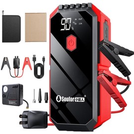 2500A Peak Power Portable Car Starter, Emergency Battery Pack, Compact LED Flashlight, Digital Display Screen for Roadside Assistance - Color: Lime Red, Specification: Without Air Pump