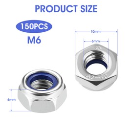 GUOYIHUA M6 Nuts Stainless Steel, 150 Pieces Hex Nuts M6, DIN985 Self-Locking Nuts, Stop Nuts, Locking Nuts, M6 Metric Thread Lock Nuts Set