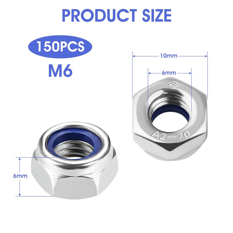 GUOYIHUA M6 Nuts Stainless Steel, 150 Pieces Hex Nuts M6,