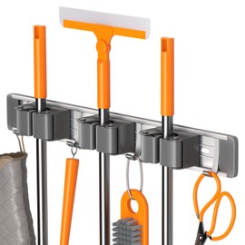 Unjumbly Broom Holder Wall Mount, Drilling Free Mop and Broom Holder with 2 Over Door Hooks, Tool Organizer for Laundry Room, Garage, Kitchen, Closet, Bathroom, Pantry - Space Grey