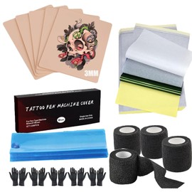 Yuelong 229Pcs Tattoo Skin Practice Kit - Pro Tattoo Starter Kit for Beginners w/ 5 Fake Skins 10 Transfer Papers 200 Pen Covers Grip Tape & Gloves Tattoo Accessories for Artists