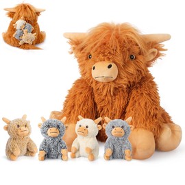 SuzziPals 5-in-1 Highland Cow Stuffed Animals with Babies Inside, 5PC Set Highland Cow Plush Mommy & 4 Babies, Soft Pillow Plushies Decor, Cute 3 to 8 Year Old Girl Gifts, Imaginative Play Toy (Cows)
