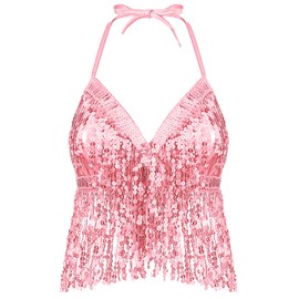 Malaxlx Womens Belly Dance Crop Top Sequins Tassel Pink Bralette Bra Halter Top Backless Tank Top for Girls Rave Party Club Costume