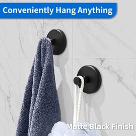 JUYSON Suction Cup Hooks for Shower, Towel Hooks for Bathrooms, Suction Hooks for Windows, Glass, Mirror, Tile, No Drill Shower Hooks for Hanging Loofah, Robe, Matte Black, 2 Pack
