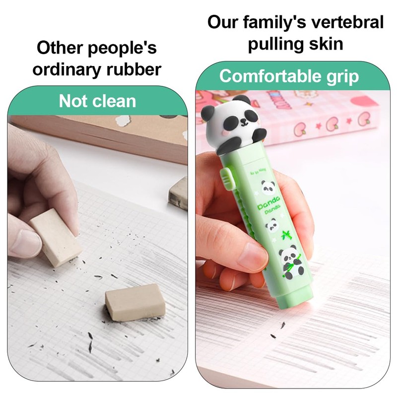DDKY Panda Style Eraser, Green, 6 Refill Erasers, Kawaii Eraser