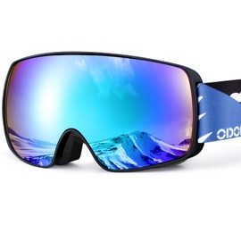 Odoland OTG Ski Goggles for Kid, UV Protection and Anti-Fog Len for Children and Youths, Double Grey Spherical Lens Snowboard Goggles Perfect for Skating Skiing Snowboard for 4-16 Boys and Girls BL