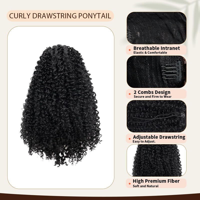 Drawstring Ponytail Extension 12Inch Short Kinky Curly Ponytail for Women