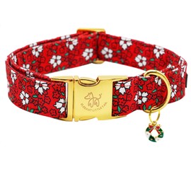 Elegant Little Tail Christmas Dog Collar - Soft Cotton Red Floral Pattern, Metal Buckle for Medium Dogs