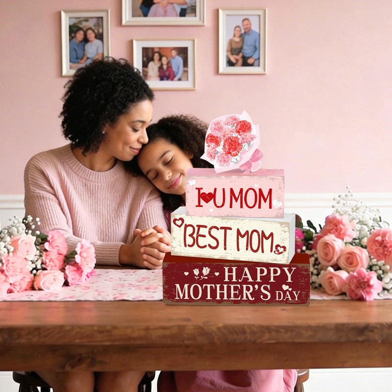 HABDJILTY 4 Pcs Happy Mother’s Day Wooden Table Decorations Best