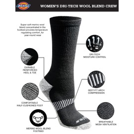Dickies Damen Dri-tech Fashion Moisture Control Crew, Available in S-XL (5, 6, 12 Pairs) Socken, Wollmischung Schwarz (5 Paar), Medium