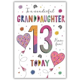 Granddaughter 13th Birthday Card - Age 13 - Heart Balloons and Rainbows Design - Special Finishes and Illustrated Insert Leaf - Made in the UK - Eco-Friendly