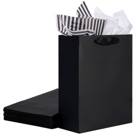 Plauthus 12 Pack Black Gift Bags with Handles, Gift Bags Medium Size with Tissue Paper, Black Paper Bags for Shopping, Small Business, Bridal Party, Wedding, Christmas and Holiday (10.6” x3.5” x8.3”)