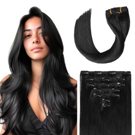 Sunya Clip in Hair Extensions Real Human Hair 7 Pcs Human Hair Clip in Extensions 16 Inch Straight Double Weft Remy Human Hair Extensions Clip ins for Women #1 Jet Black 70G