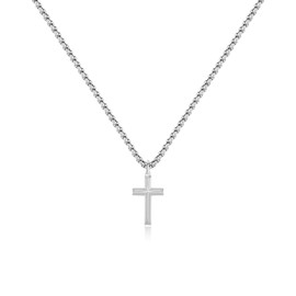 Yixnahz Simple Silver Cross Necklace for Men, Stainless Steel Mens Cross Pendant Chain Necklace for Women Black Gold Rolo Link Chain 16-24 Inch Birthday Gift for Women (16 inches + 2 inches, Silver - 0.8'' × 0.5'' beveled cross pendant)
