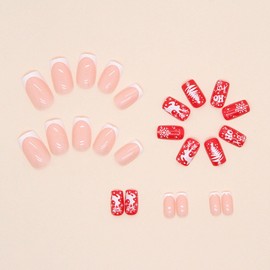 Christmas Press on Nails Square Medium Fake Nails with Elk Snowflake Designs White French Tip Nails Press ons Glossy Glue on Nails Christmas Tree False Nails Red Stick on Nails for Women 24Pcs