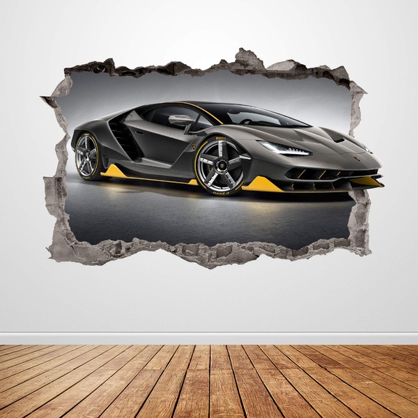 Lamborghini Wall Decal Smashed 3D Graphic Racing Car Wall Sticker Art Mural Poster Custom Vinyl Kids Room Decor Gift UP187 (50"W x 34"H inches)
