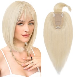 Benehair Clip on Topper Hair Extension with Thin Bang Benehair Human Hair Machine Made Silk Base wiglets 14inch Straight Soft Hair Extension for Women Hair Loss Thinning Platinum Blonde #60
