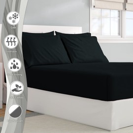 Pizuna Pure Combed Cotton Single Bed Fitted Sheet Black, 600 Thread Count 100% Long Staple Cotton Fitted Sheet Single Bed 90 X 200cm, Sateen Weave 40 cm Deep Fitted Sheets 1 PC Black
