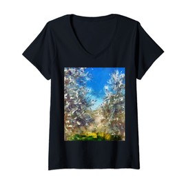 Womens Spring Blossom Almond Tree Pointillism Artwork V-Neck T-Shirt