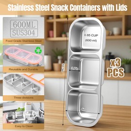 3 Pack Stainless Steel Snack Containers - Reusable 3 Compartment Condiment Box with Lids for Kids Adults, Grab and Go Divided Snack Food Storage Containers Sauce Cups for School, Travel