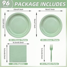 Gistome 96 Pieces Sage Green Tableware Party Supplies - Elegant Light Green Disposable Dinnerware Set with Paper Plates, Napkins, and Forks for Birthdays, Weddings, Bridal Showers, Baby Showers - Serves 24