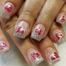 Red Glitter Love Heart Press on Nails Short Square Valentines Day Fake Nails with Silver Glitter Gradient French Design Love False Nails Heart Glue on Nails Artificial Stick on Nails for Women Girls