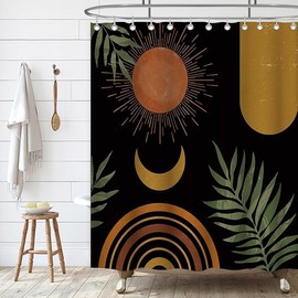 Flogriet - Cortina de ducha abstracta de mediados de siglo, color negro, amarillo, bohemio, estética, tela impermeable para decoración de baño, cortina de ducha con 12 ganchos (72 x 78 pulgadas)