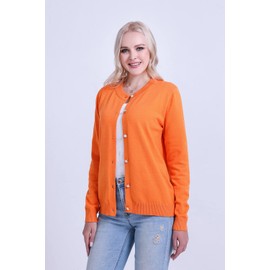 SMILING PINKER Women Cardigan Sweater Crewneck Pearl Button Knitted Tops Medium Weight (Orange, Medium)