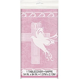 Unique Party 29883 - Plastic Pink Dove Cross Christening Tablecloth, 7ft x 4.5ft