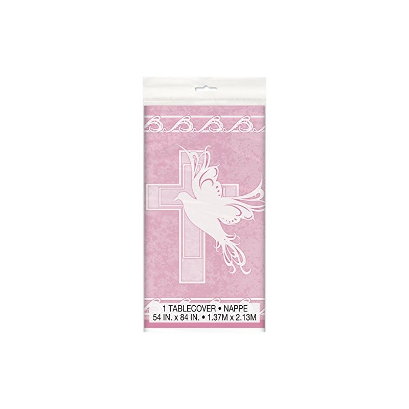 Unique Party 29883 - Plastic Pink Dove Cross Christening Tablecloth,