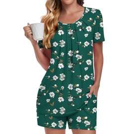 Anymeet Women's Soft Summer Spring Short Sleeve 2 Piece Pajama Set Comfy Lounge Sleepwear Ladies Pjs Sets Green Malus Spectabilis 2X-Large