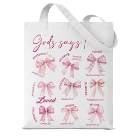 Dumyum Christian God Says I Am Pink Bow Tote Bag Gifts for Women Girls Bestie Bible Verse Religious Gift Pink Bow Aesthetic Reusable Grocery Shoulder Bag for Shopping Travel Daily Commute
