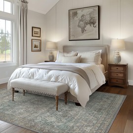 Bavni Area Rug 9x12 Machine Washable Vintage Distressed Print Ultra-Thin Chenille Bedroom Living Room Accent Rug, Low Pile Lightweight Non Slip with Gripper, Retro Brown