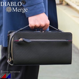 Marge x Diablo MGD-2547 Men's 2nd Bag, Carbon Leather, Large Capacity, Box-Type, Double Zipper, Clutch Bag, black/blue