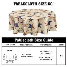 Ancordivo 4th of July Round Tablecloth 60 Inch Patriotic Vintage Red and Blue Star Memorial Day Polyester Table Cloth Independence Day Table Cover for Kitchen Dinner Home Decor