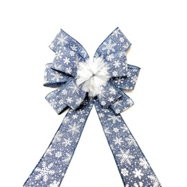 Denim Blue Snowflake Bow for Wreath, Festive Door Adornment, Christmas Tree Topper Detail, Decorative Swag Bow, Lantern Ornament, Pre-assembled Wreath Bow.
