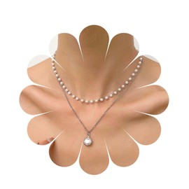 Inilbran Boho Layered Pearl Choker Necklace Silver Pearl Necklace Choker Vintage Station Pearl Chain Necklace Multilayer Pearl Pendant Necklace Jewelry for Women and Girls