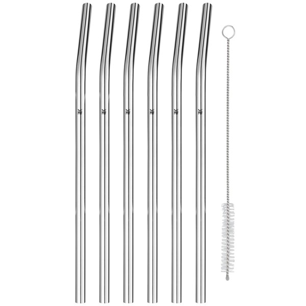 WMF Baric Straw, Stainless Steel Set, 6 Curved Straws + Cleaning Brush, Environmentally Friendly, Stainless Steel Straw Reusable for Hot/Cold Drinks