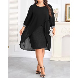 Talisea Plus Size Black Dress Cocktail Party Wedding Guest Evening Chiffon Cape 3/4 Sleeves Semi Formal Curvy Women Elegant