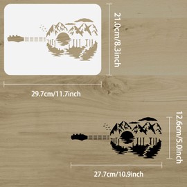 FINGERINSPIRE Guitar Sunset Stencil 11.7x8.3 inch Hollow Out Mountains Lakes Painting Stencil Flying Birds Clouds Craft Stencils Reusable Guitar Shape Stencil for Wall, Photo Album, Furniture Decor