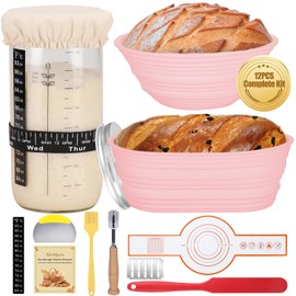 Sourdough Starter Kit, 34oz Sourdough Starter Jar, Bread Sling for Dutch Oven, 2 Bread Proofing Baskets, Thermometer, Time Tracker, Metal Scraper, Complete Sourdough Bread Baking Supplies - Pink