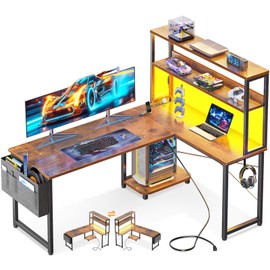 Casaottima Gaming Desk with Power Outlets & LED Lights, 53 Inch Reversible L Shaped Computer Desk with Shelves & Storage Bag, Corner Desk for Home Office, Vintage
