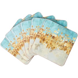 CREATIVE TOPS PREMIUM 5226090 'Golden Reflections' Printed Square Cork-Backed Drinks Coasters, 10.5 cm - Gold (Set of 6)