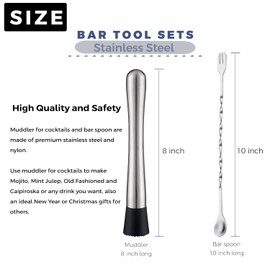 Gbuxska Muddler and Mixing Spoon for Cocktails, 10 Inches Bar Mixing Spoon, 8 Inches Muddler - Premium 2 Piece Silver Bar Tool Set for Drinks