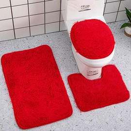 Reyox Bath Mat Set, 3 Pieces, Soft High Pile Bath Mat, Non-Slip, Microfibre Fluffy Bath Mat for Toilet, Bathroom, Red, Pack of 3