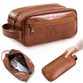 Mens PU Leather Toiletry Bag, Dark Brown Hanging Washbag Waterproof Travel Cosmetics Pouch Essential Toiletries Organizer Shaving Dopp Accessories Kit Bag for Men Fathers Day Birthday Christmas Gifts