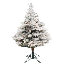 Vickerman 3.5' Flocked Alberta Artificial Christmas Tree, Multi-Colored LED Lights - Snow Covered Faux Tree - Seasonal Indoor Home Decor