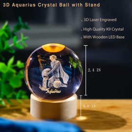 QIANCHANG Aquarius Crystal Ball with Wooden Light Base, 60mm 3D Laser Etched Constellation Glass Sphere Decorative Balls Paperweight Gift